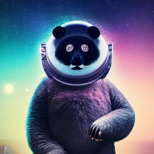 Image similar to beautiful dark landscape, panda bear wearing a space helmet standing looking at a giant cyborg robot panda bear head, in the style of beeple and Mike Winkelmann, photo real, ultra realistic, intricate, epic lighting, 8k resolution,