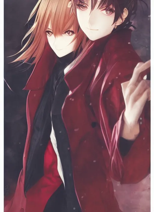 Image similar to luxury advertisement, medium close-up of a manga girl with a red trenchcoat by krenz cushart, Sasoura, Satchely and Akihiko Yoshida, black medium length Dutch bob cut hair with straight bangs, poster