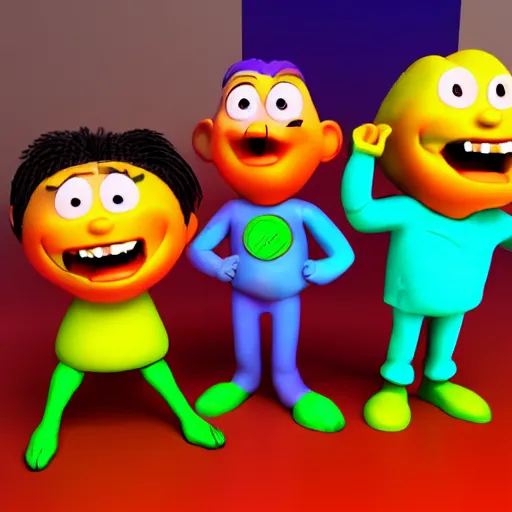 Prompt: 9 0 s 3 d render of nickelodeon characters in a crazy house, lit by a lamp, creepy colorful lighting - n 9