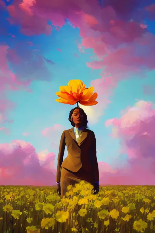 Prompt: closeup, giant flower as head, black woman in suit, surreal photography, golden hour, colorful clouds, impressionist painting, digital painting, artstation, simon stalenhag