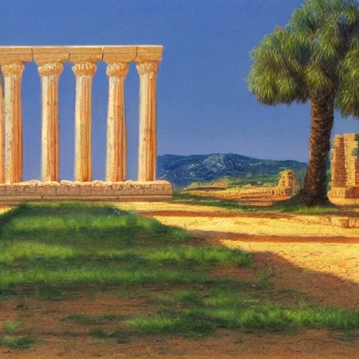 Prompt: glowing Sumerian temple in a Mediterranean landscape, bob Ross, Alan Lee, 8k photo, award winning photo