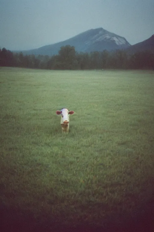 Image similar to film color photography, close-up cow face in the blue fog at the lawn, no focus, mountains in distance, 35mm