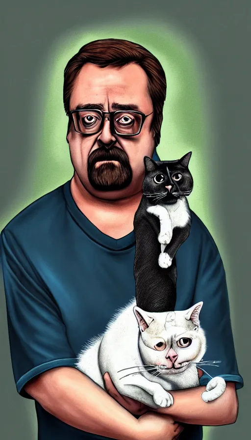 Image similar to a portrait of bubbles from trailer park boys holding a cat. detailed digital art