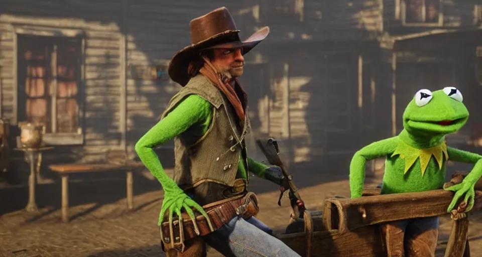 Prompt: Screenshot of Kermit the Frog as a 3d cowboy in the videogame 'Red Dead Redemption 2'. Sharpened. 1080p. High-res. Ultra graphical settings.