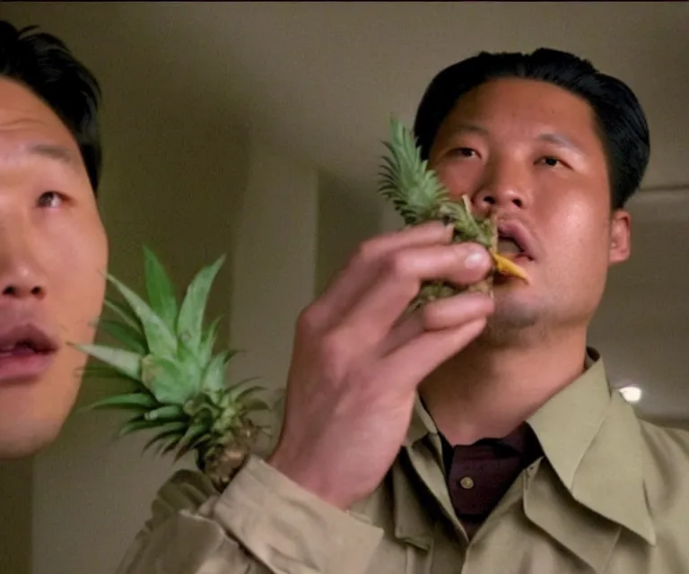 Image similar to hyperralism pineapple express ( 2 0 0 8 ) movie still photography of real detailed north korean kim chen with detailed face smoking high detailed weed and reviewing weed bush in detailed basement bedroom ultra violet light