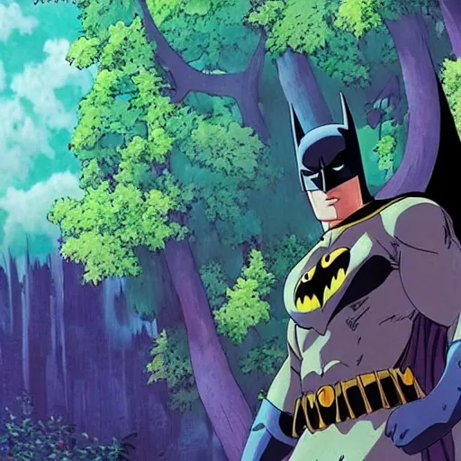 Image similar to Batman in the magical forest by Studio Ghibli, 4k