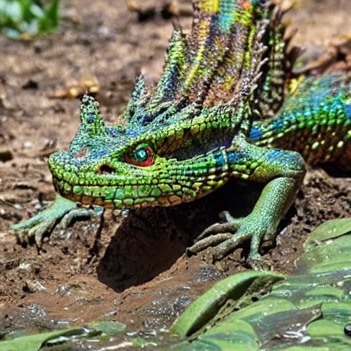 Prompt: “an iridescent basilisk emerging from a muddy swamp, scaring off nearby invaders”