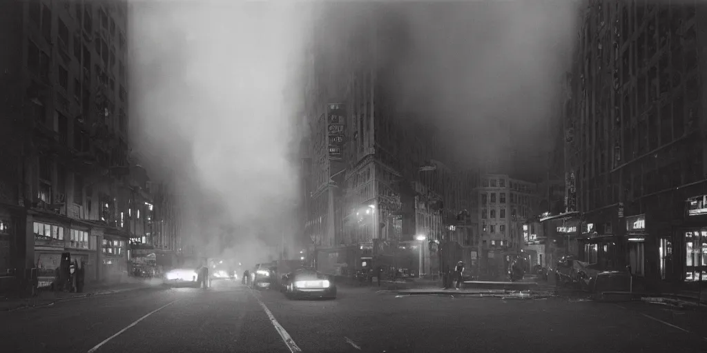 Image similar to a high resolution photo of a new york street at night surrounded with smoke and cars with bright headlights by joel meyerowitz, realistic photo,