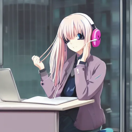 Prompt: high definition anime portrait of an anime girl with pastel colored hair sitting at a desk studying with headphones on, background is a window looking out into a busy Tokyo district, lo-fi art, masterpiece by Naoshi Arakawa, trending on artstation, sharp high quality anime, digital art, photoshop, proportionate, ambient lighting, clear facial festures