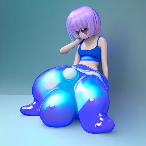 Image similar to cute fumo plush of a blob googirl, chibi monster girl, long dress, stylized shiny reflective refractive transparent liquid melty bubblegum pbr gel material, vray