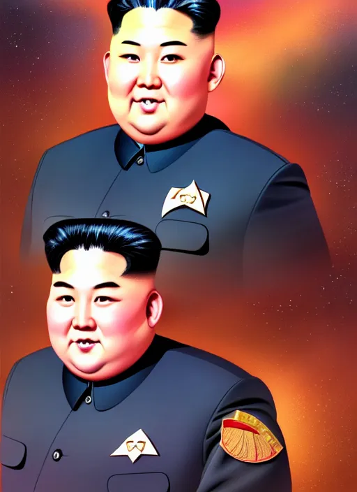 Image similar to cute star trek officer kim jong - un, natural lighting, path traced, highly detailed, high quality, digital painting, by don bluth and ross tran and studio ghibli and alphonse mucha, artgerm