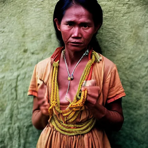 Prompt: Face of a young pre-colonial Filipino woman in her 20s wearing traditional costume, photographed by Steve McCurry