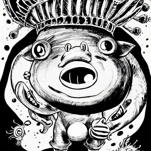 Image similar to black and white trippy comic art of a mutant pig wearing a gold crown fighting aliens, lots of particles, drawn by Martin Rowson, Tim Burton, Studio Ghibli, Alex Pardee, Nekro Petros Afshar, James McDermott, cgsociety 4K