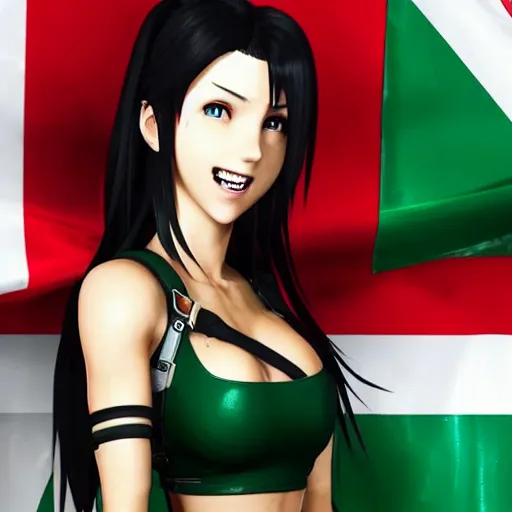 Prompt: Tifa Lockhart from Final Fantasy VII Remake (2020) laughing with the Italian flag in the background, flag is colored green white and red left to right