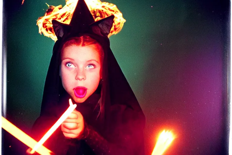 Image similar to extreme close up portrait, dramatic lighting, teen witch aggressively pointing a magic wand casting a spell over a table with pyrotechnics, cat on the table in front of her, sage smoke, magic wand, a witch hat cloak, apothecary shelves in the background 1 9 8 0's photo, polaroid, damaged film