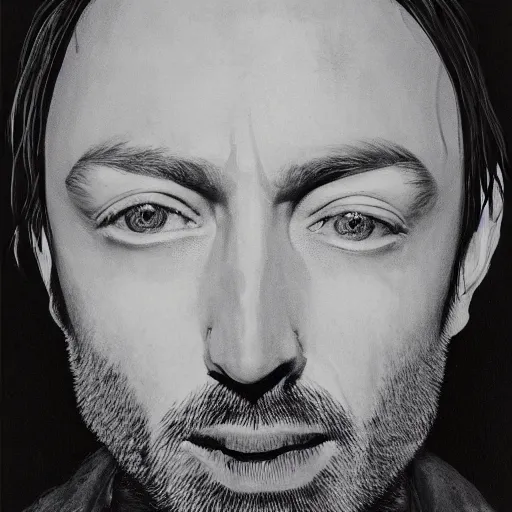 Image similar to Yorke Radiohead thom, with a beard and a black jacket, a portrait by John E. Berninger, dribble, neo-expressionism, uhd image, studio portrait, 1990s
