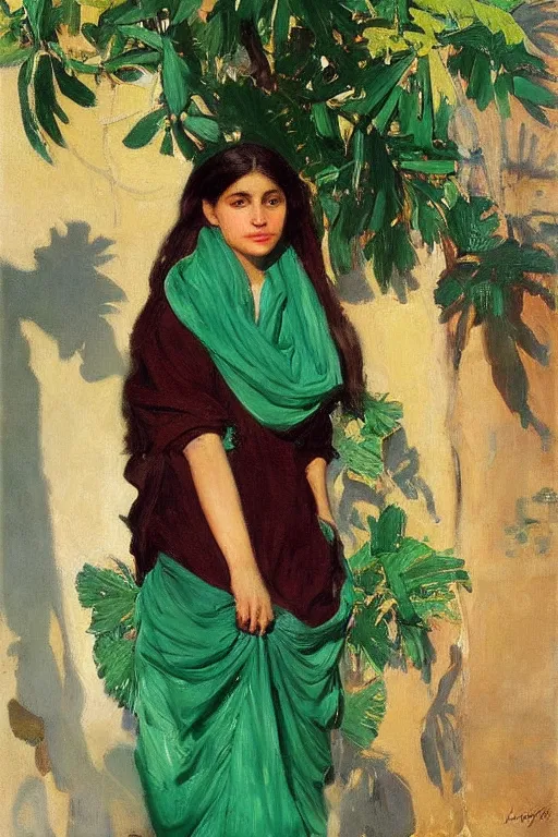 Prompt: portrait of persian girl with arabesque green scarf near bougainvillea and mexican fan palms, painting by john singer sargent