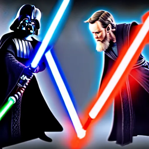 Prompt: ultra detailed picture of a fight between darth vador and obi wan kenobi where they each have only one lightsaber in their hand, unreal engine, extremely detailed, epic, dark, highly realistic, beautiful, ultra hd, extremely realistic faces