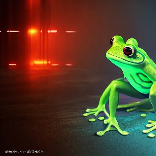 Prompt: a sexy frog animal in lingerie, dancing on a pole, looking hot, artstation award winner, digital art, volumetric lighting, neon colors, smoke, bokeh lights ,short telephoto, octane render, highly detailed