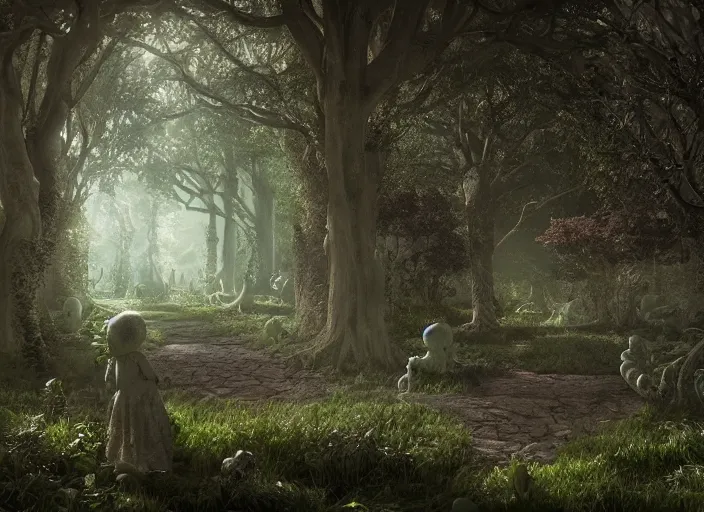 Prompt: secret garden, in the style of pan's labyrinth movie, pathway, scary monster statues, spooky, very dark, concept art, unreal engine 5, matte painting, artstation, caspar friedrich