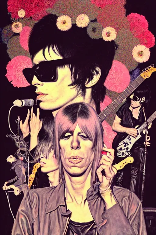 Image similar to the velvet underground and nico playing live on stage at a night club, nico in the center of stage, beautiful stage decoration with flowers in the background, painting by james jean and norman rockwell, very detailed and colorful and toned down and ornamental and moody and cool and relaxed and high on drugs, backlight, trending on artstation, behance contest winner