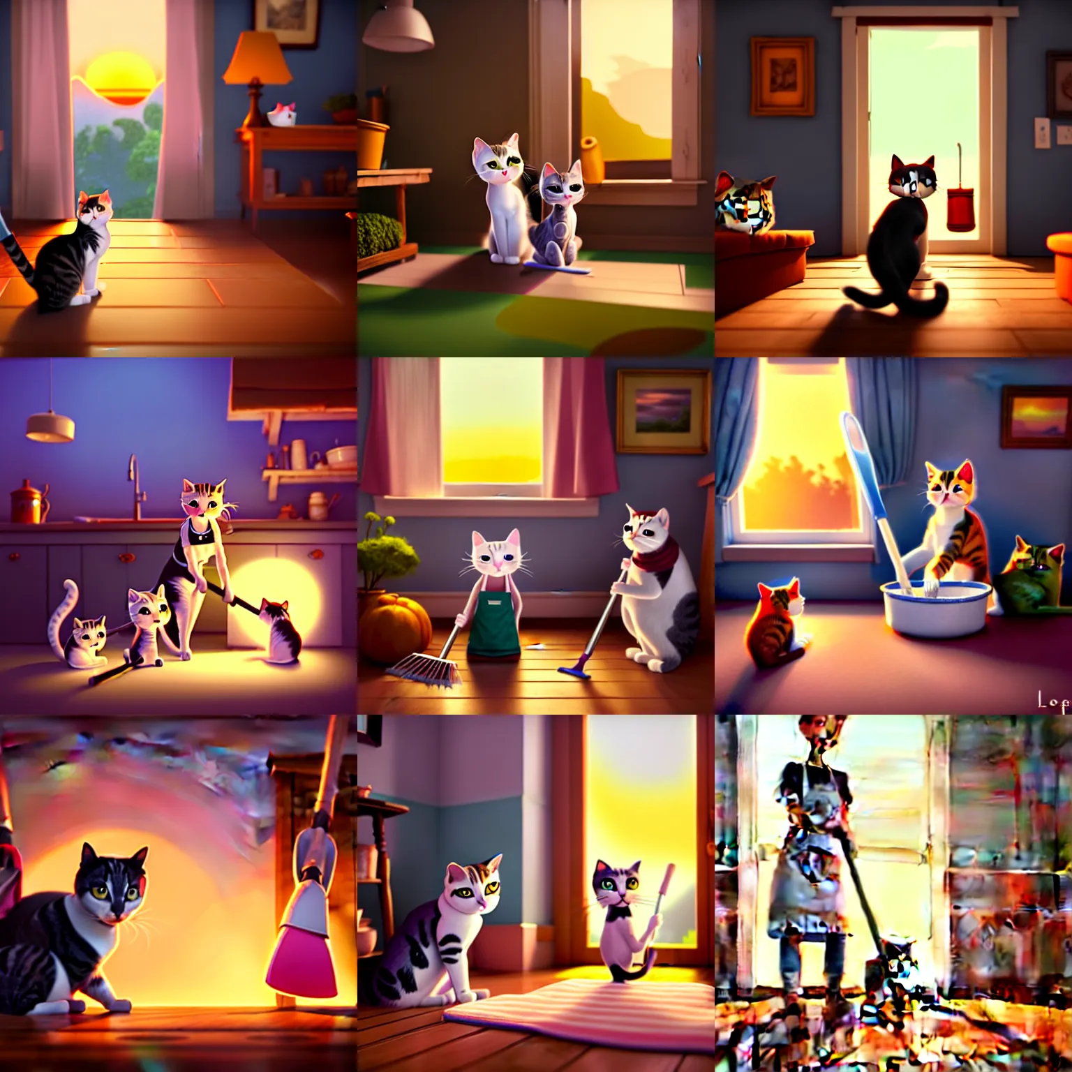 Prompt: cottagecore art of cats doing housework wearing aprons, art by Loish Van Baarle, animation key by Pixar and Disney, rendered in Unreal Engine 5, sharp, dramatic, bloom, lighting, sunset