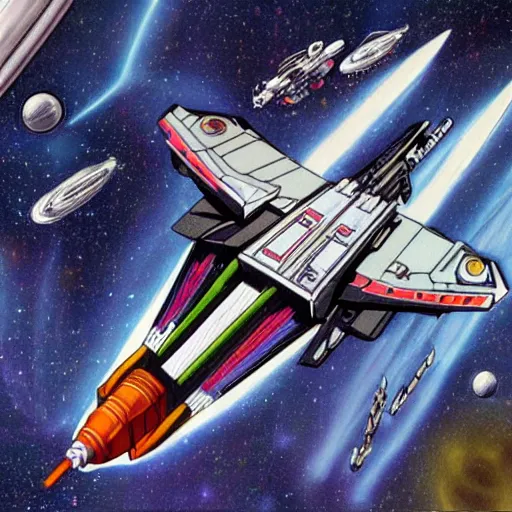 Image similar to a space fighter spaceship in the style of 8 0's, in the style of colin cantwell, hyper realistic, detailed