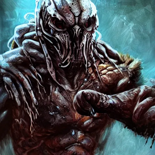 Image similar to predator from movie holding human skull, full body picture, wide angle view, hyperrealistic, concept art, artstasion, deep depth of field