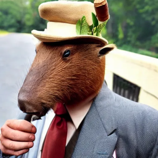 Image similar to smoking cigar, a man wearing a suit capybara head wearing a hat (smoking cigar)