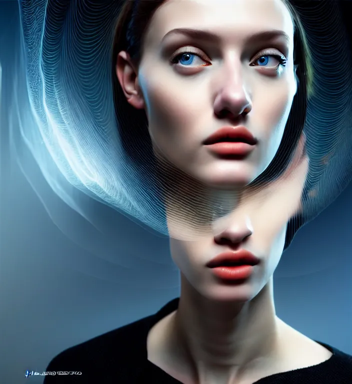 Image similar to hyperrealism photography computer simulation visualisation of parallel universe cgi scene with beautiful highly detailed ukrainian woman by caravaggio wearing neofuturistic neural interface by josan gonzalez - s 1 5 0