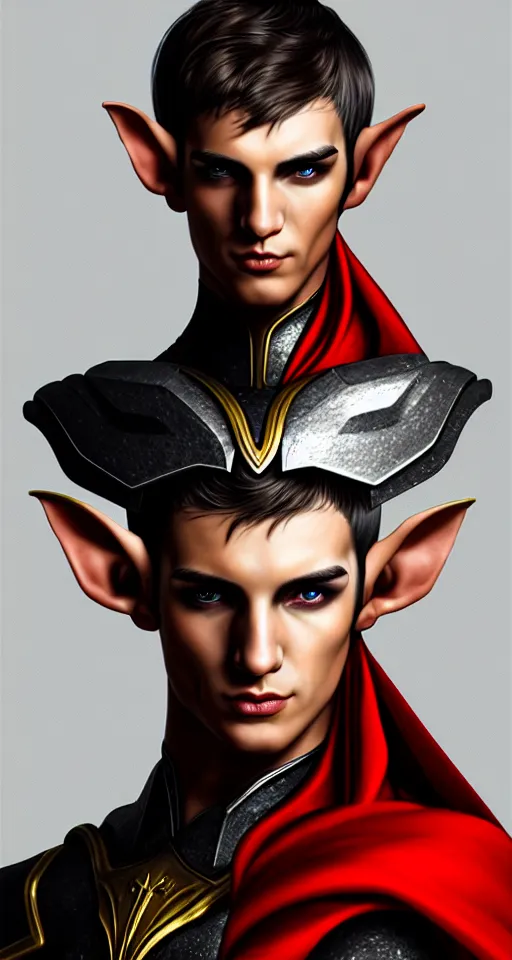 Image similar to A medium shot portrait of a male elf, he is about 20 years old, attractive, lean but muscular, serious composure, short silver hair, prideful look, he is wearing black heavy armor with gold plating and a red cape, highly detailed portrait, digital painting, ArtStation, concept art, smooth, sharp focus illustration, ArtStation HQ