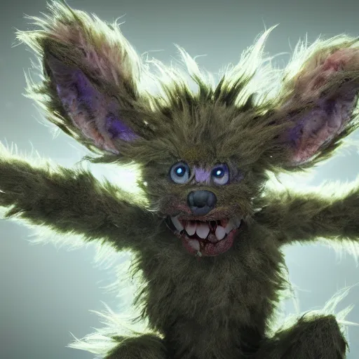 Image similar to full body pose, hyperrealistic photograph of a cute fuzzy goblin monster, dim volumetric lighting, 8 k, octane beautifully detailed render, extremely hyper detailed, intricate, epic composition, cinematic lighting, masterpiece, trending on artstation, very very detailed, stunning, hdr, smooth, sharp focus, high resolution, award, winning photo, dslr, 5 0 mm