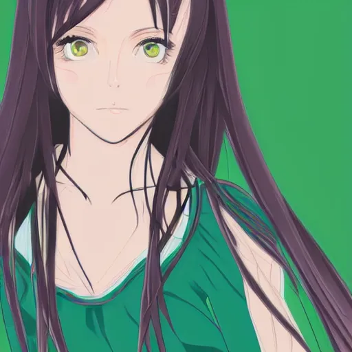 Image similar to a portrait of a anime girl with long dark hair and green eyes, 90s style