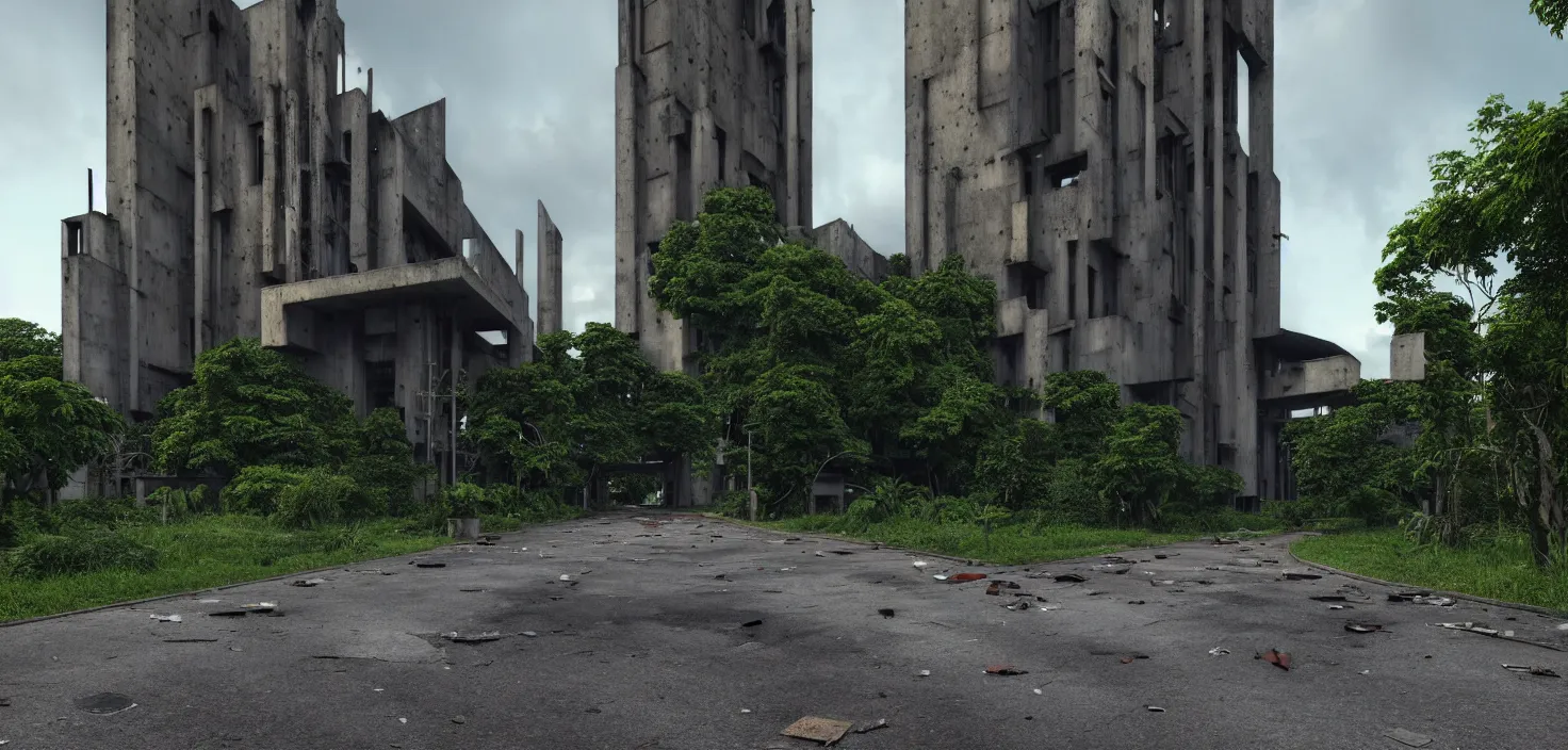 Prompt: a street view of an extremely detailed cathedral of brutalist architecture by Le Corbusier, abandoned building, empty streetscapes, surrounded by lush green jungle, ground-level view, natural volumetric lighting, sunset, rusted steel, solid concrete, glass, stunning skies, scattered rubbish and debris, 8k, photorealistic, hyper detailed, unreal engine 5, IMAX quality, cinematic quality, beautifully illustrated, sharp focus, minimal artifacts, from DOOM, by Greg Rutkowski, trending on Artstation
