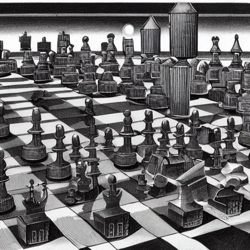 Prompt: concept art of a city whose inhabitants are chess pieces, by m. c. escher