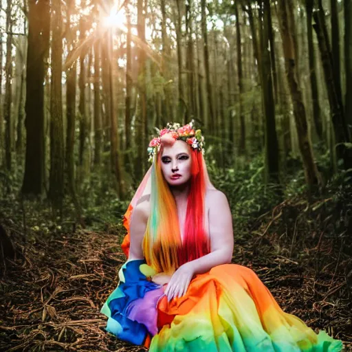 Prompt: a hyperrealistic photo of melynda moon, sitting in a colorful forest during the sunrise, wearing a long rainbow wedding gown