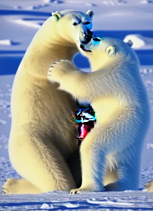 Image similar to polar bear hugging an eskimo while drinking a coca cola 8 k masterpiece