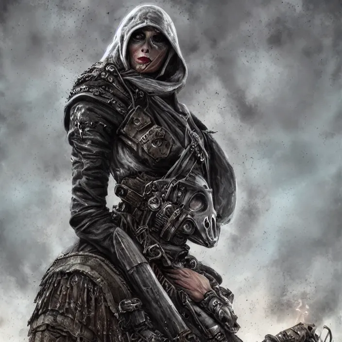 Image similar to beautiful apocalyptic woman in hooded cloak, standing on mad max panzer tank, hyper-detailed, smooth, sharp focus, 4k ultra hd, fantasy dark art, tank girl, artgerm, artstation, octane render, elegant, detailed digital painting, apocalyptic art