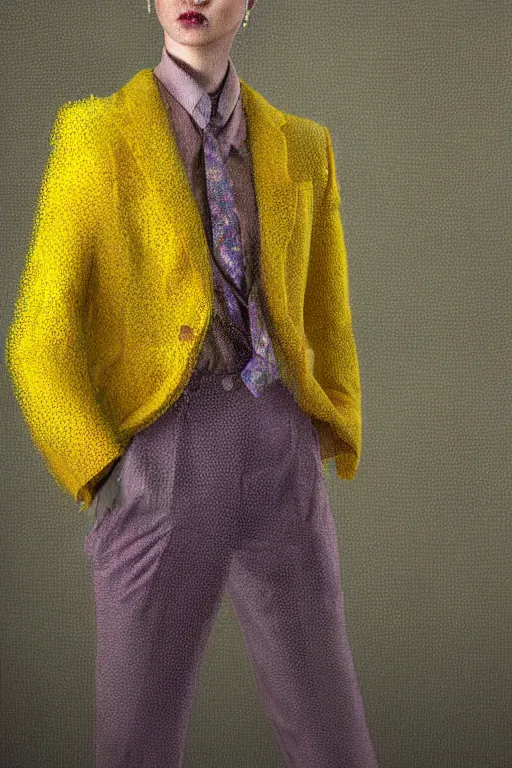 Prompt: a room filled with yellow fog with a character wearing a super colorful muted color diy! suit, with a lot of pockets and details, vivienne westwood!, detailed photoreal render octane render, oil on canvas, pointillism