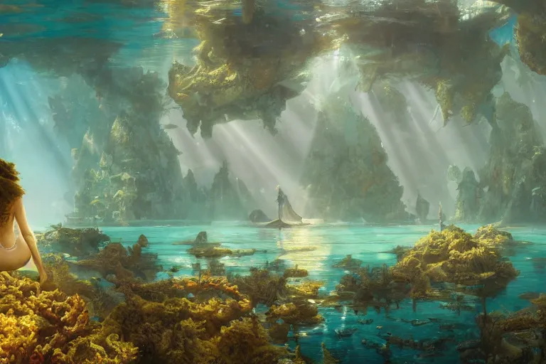 Image similar to a scenic landscaping view of the lost and abandoned city of Atlantic under water, ray of sunlight, mermaids in distance, Greg Rutkowski, Moebius, Mohrbacher, Mucha, blue and gold color scheme, ultra wide angle, ultra detailed, light effect