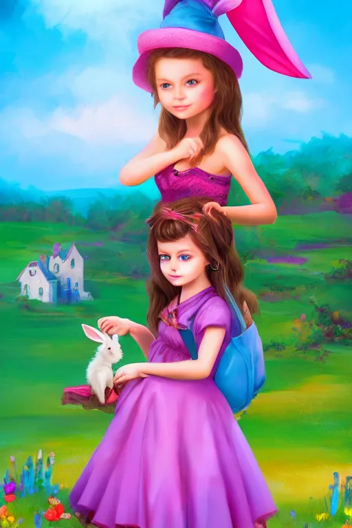 Image similar to matte sharp painting cute little girl and rabbit landscape painted by mark rydel artstation behance storybook lisa frank