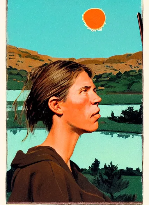 Image similar to composition by justine kurland, an extreme up - close portrait of a beautiful tan skinned light brown hair maid cleaning in a scenic representation of mother nature and the meaning of life by billy childish, thick visible brush strokes, shadowy landscape painting in the background by beal gifford, vintage postcard illustration, minimalist cover art by mitchell hooks