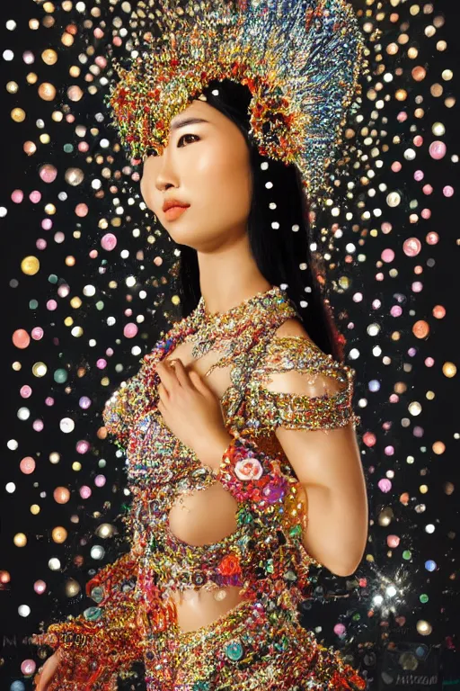 Image similar to digital render of a beautiful asian woman fully covered in clothes made out of jewels while dancing in the middle of a river, background is a black forest out of focus, art by Alberto Mielgo, low light, moonlight, highly detailed, 8k