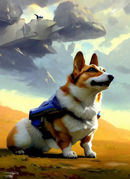 Image similar to Greg Manchess painting of a Corgi from Metroid Prime wearing Forerunner Armor from Halo, countryside, calm, fantasy character portrait, dynamic pose, above view, sunny day, thunder clouds in the sky, artwork by Jeremy Lipkin and Giuseppe Dangelico Pino and Michael Garmash and Rob Rey, very coherent asymmetrical artwork, sharp edges, perfect face, simple form, 100mm