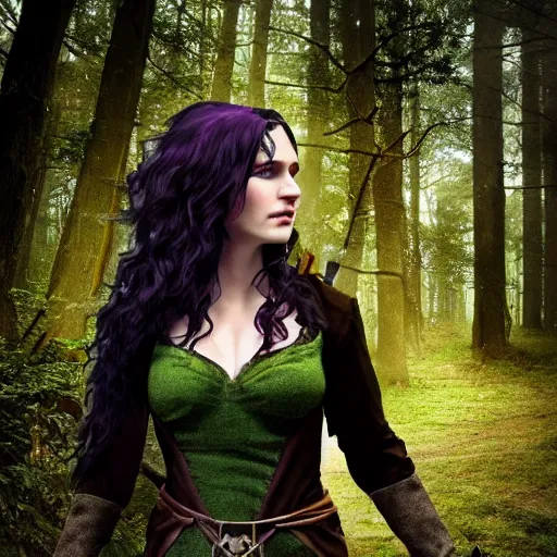 Prompt: yennefer as a medieval fantasy wood elf, dark purplish hair tucked behind ears, wearing a green tunic with a fur lined collar and brown leather armor, wide, muscular build, scar across nose, one black, scaled arm, cinematic, character art, digital art, forest background, realistic. 4 k