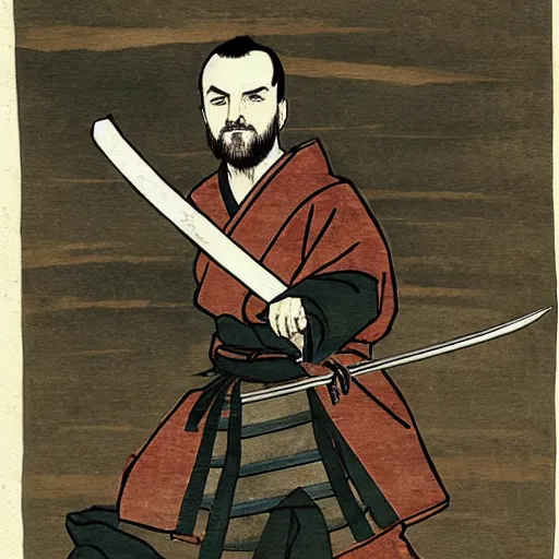 Image similar to jesse pinkman from breaking bad wearing samurai armor and holding a katana in feudal japan, ink block painting, edo period