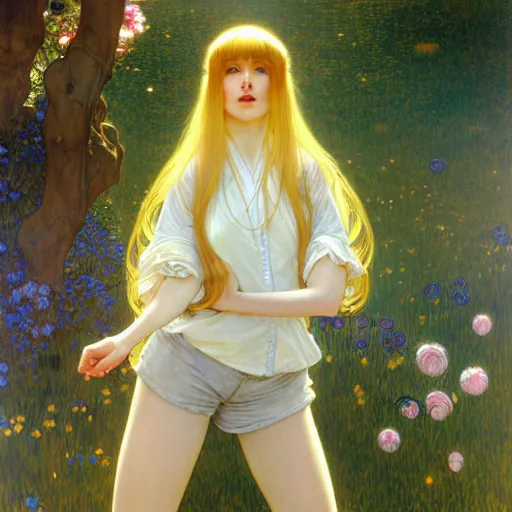 Image similar to A playful young woman with blonde long hair and bangs in shorts and a white blouse drawn by Zeronis and Donato giancola and Robert McGinnis and alphonse mucha, background by James Jean and gustav klimt, 4k, sunny day, volumetric lighting, french nouveau, trending on artstation, octane render, hyperrealistic