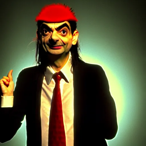 Image similar to mr. bean as axel rose from guns n roses. movie still. cinematic lighting.