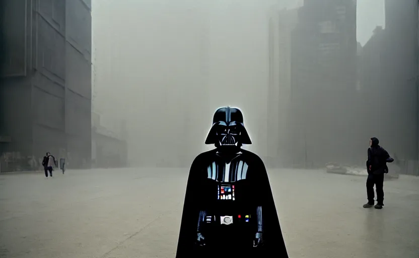 Image similar to cinestill 5 0 d candid photographic portrait by helen levitt of darth vader wearing rugged black mesh techwear, modern cyberpunk moody emotional cinematic, white pale concrete city, dust storm, 8 k, hd, high resolution, 3 5 mm, f / 3 2, ultra realistic faces, ex machina