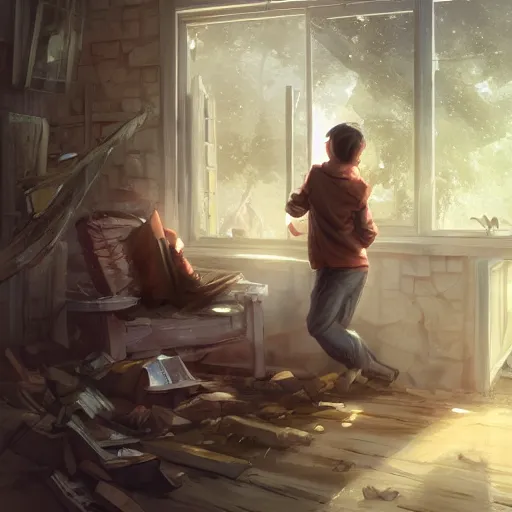 Image similar to two husbands leave each other inside a big wooden broken house by Stanley Artgerm Lau, WLOP, Rossdraws, James Jean, Andrei Riabovitchev, Marc Simonetti, Yoshitaka Amano, ArtStation, CGSociety, highly detaild 4K